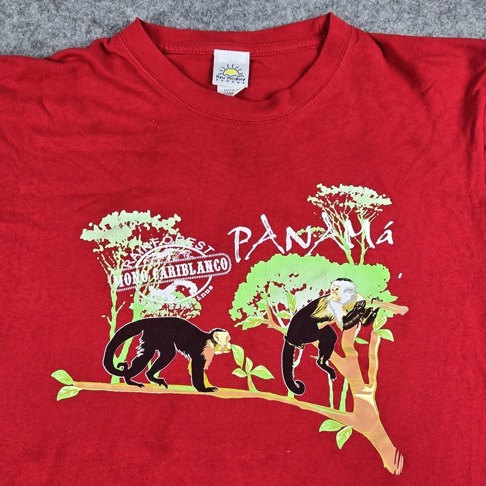 New Horizons Panama Shirt Mens Medium Red Rainforest Mono Cariblanco Monkey Tee